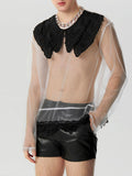 Mens Lace Patchwork Mesh See Through T-Shirt SKUK43276