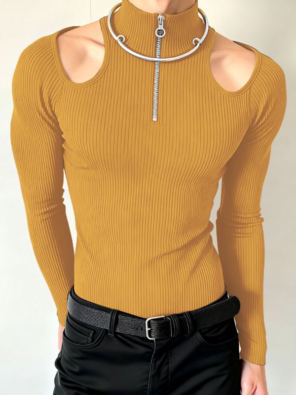 Men's Cut-Out Design Zipper Long Sleeve T-shirt SKUL46434