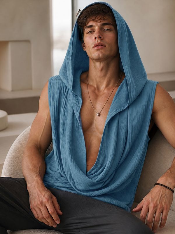 Men's Avant-Garde High Street Deep Cowl Neck Hooded Crinkle Tank SKUL75606