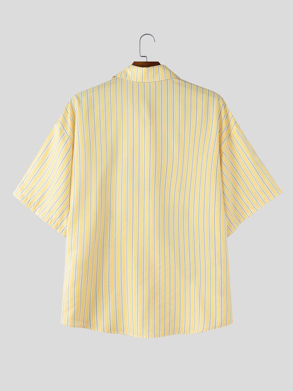 Men's Vintage Striped Guitar Print Turn Down Collar Dropped Shoulder Short Sleeve Shirt SKUL74461