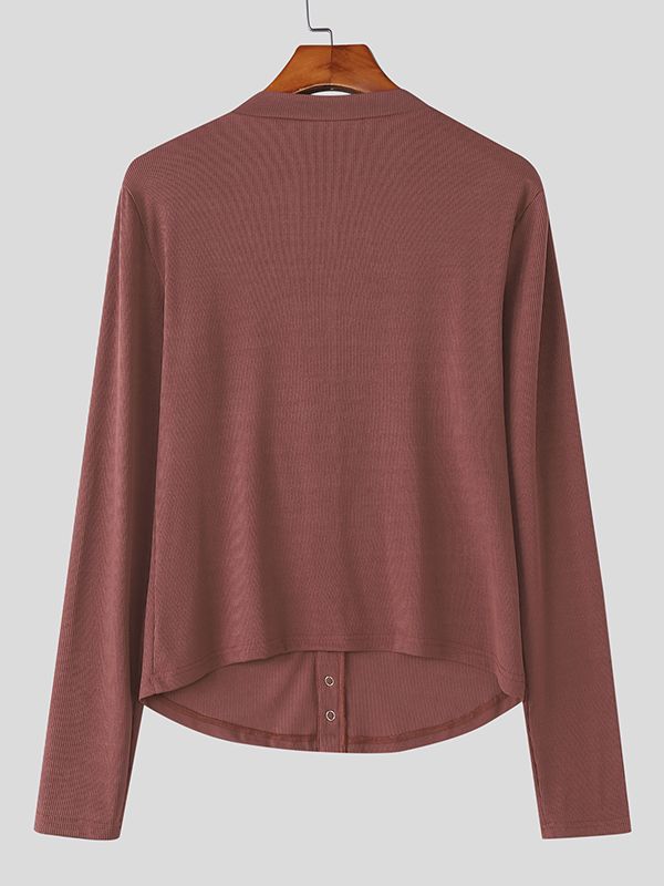 Men's Minimalist Textured Deep V Neck Long Sleeve T-shirt SKUL46565