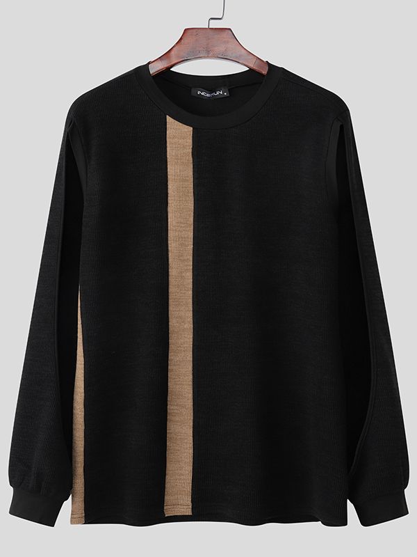 Men's Striped Contrast Color Cut Out Long Sleeve T-shirt SKUL46556