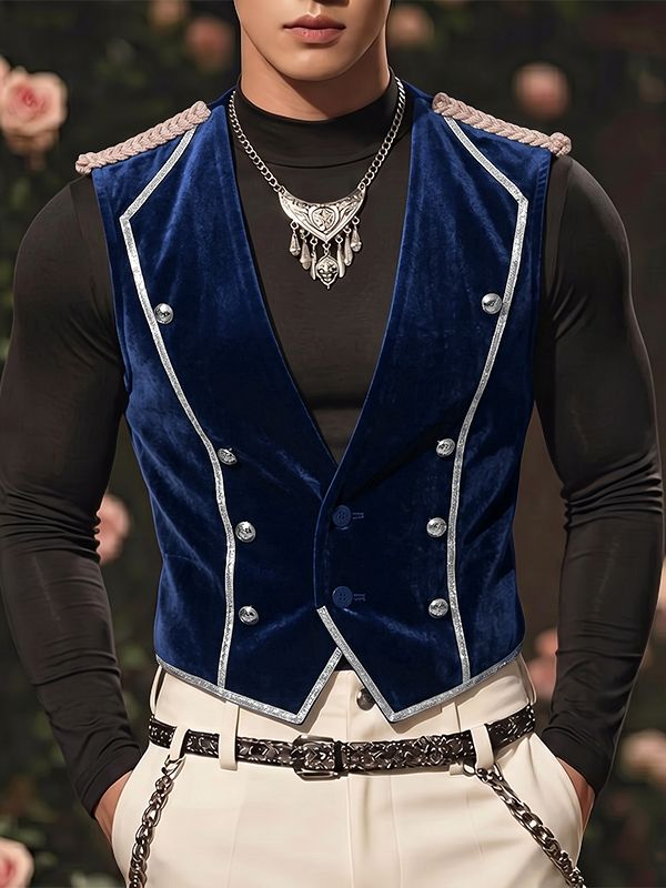 Men's Vintage Aristocrat Velvet Braided Epaulettes Silver Piping Waistcoat SKUL75533