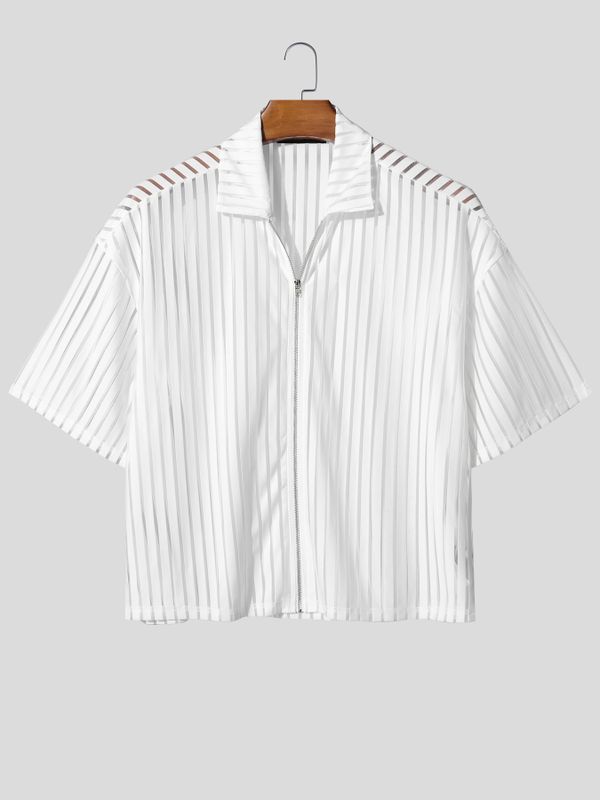 Men's Striped Sheer Mesh Short Sleeve Shirt SKUL54671