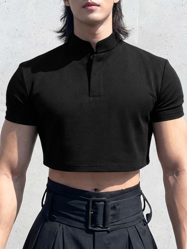Men's Solid Color Stand Collar Cropped Short Sleeve T-shirt SKUL50078
