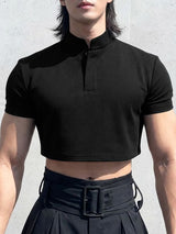 Men's Solid Color Stand Collar Cropped Short Sleeve T-shirt SKUL50078