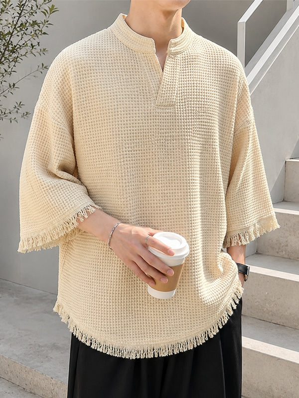 Men's Avant-Garde Modern Neo-Chinese Zen Waffle Knit Drop Shoulder T-shirt SKUL73499