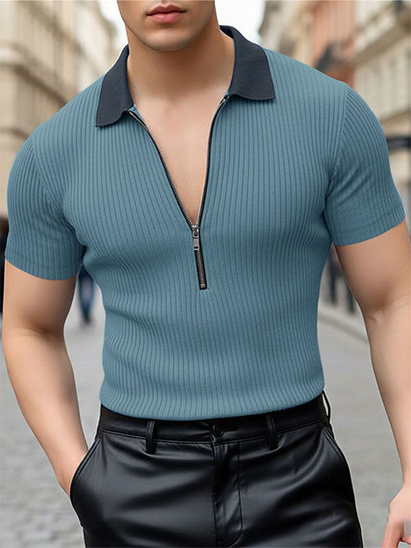 Men's Casual Textured Contrast Color Short Sleeve Shirt SKUL46318