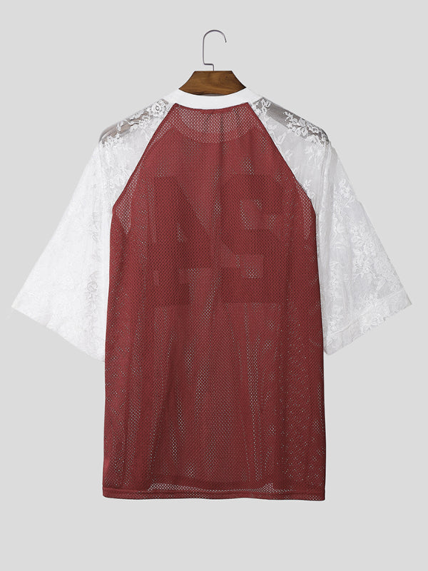 Men's Lace Patchwork Number Print Short Sleeve T-Shirt SKUL18993