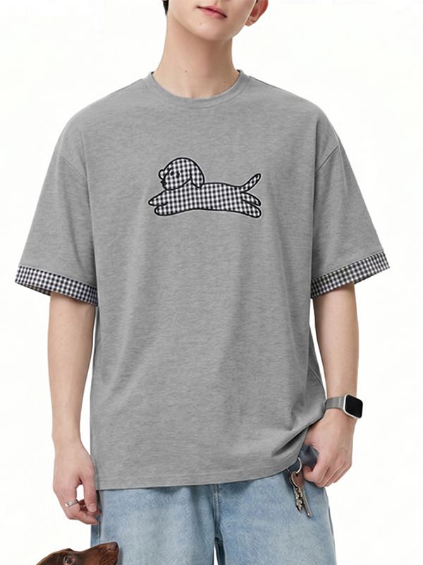 Men's Vintage Cityboy Gingham Plaid Puppy Graphic Short Sleeve T-shirt SKUL68463