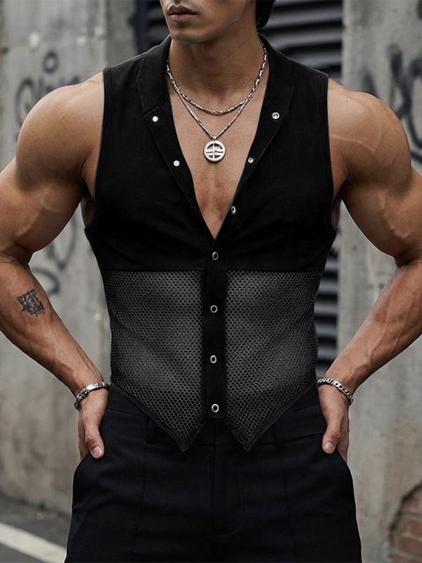 Men's Avant-Garde Mid-Section Mesh Deep V-Neck Pointed Hem Tank SKUL54093