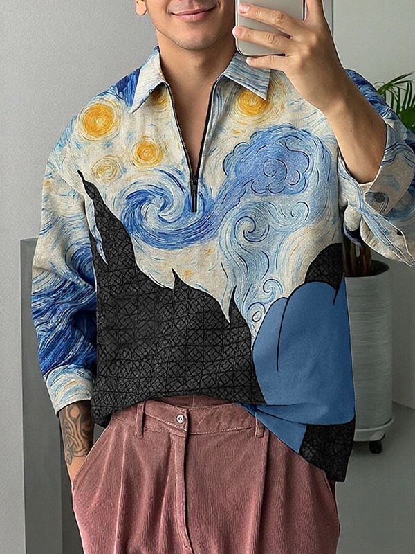 Men's Oil Painting Print Design Long Sleeve Shirt SKUL38589