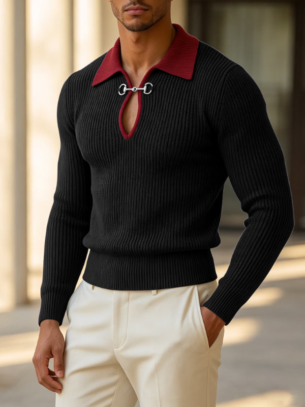 Men's Early Autumn Urban Casual Contrast Polo Metal Link Muscle Slim Long Sleeve Polo Collar Sweater SKUL81059