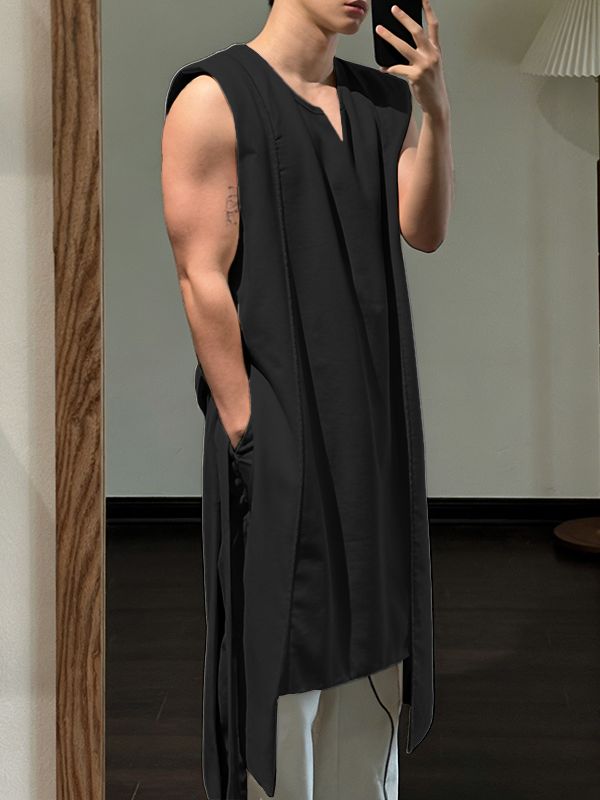 Men's Avant-Garde Asymmetrical Draped Longline Sleeveless Shirt SKUL62084