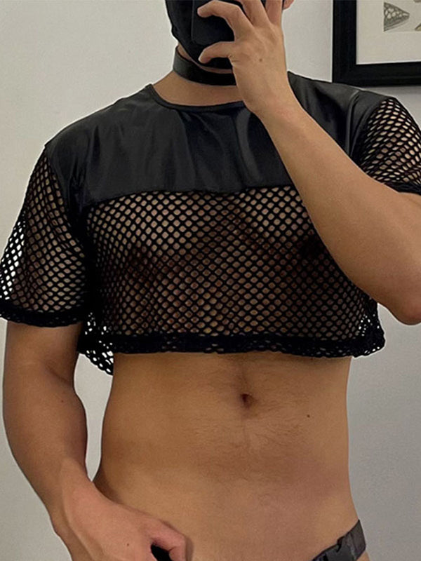 Mens Faux Leather Patchwork Cropped Short Sleeve T-Shirt SKUL01366