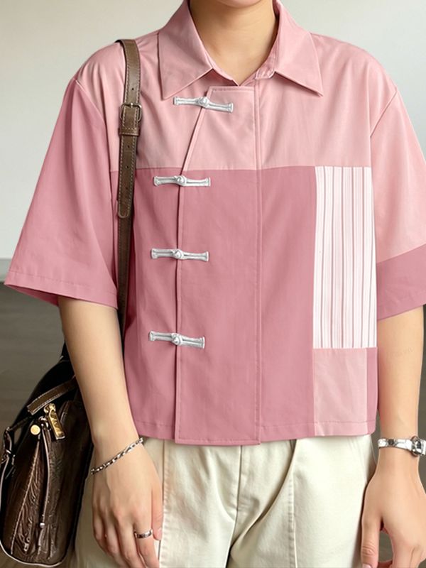 Men's Modern Chinese Turn-Down Collar Frog Button Color-Block Cropped Short Sleeve Shirt SKUL62114