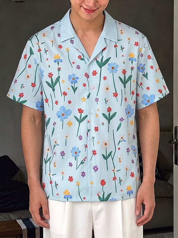 Men's Vintage Holiday Floral Print Camp Collar Short Sleeve Shirt SKUL73591