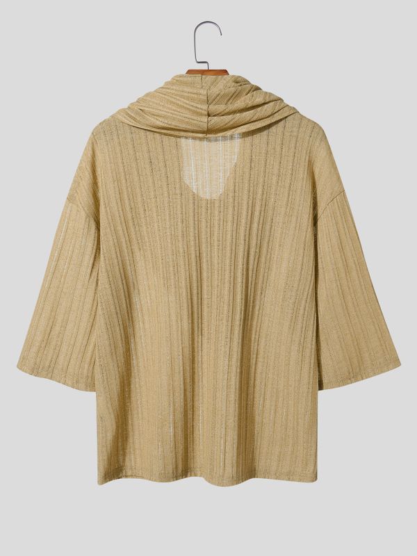 Men's Stylish Party Ribbed Cowl Neck Three Quarter Sleeve T-shirt SKUL74584