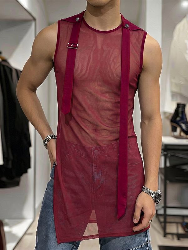 Men's Avant-Garde Sheer Mesh Asymmetrical Longline Tank SKUL71424