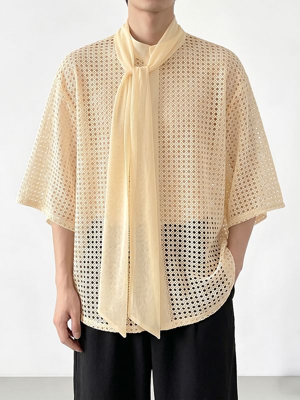 Men's Romantic Avant-Garde Hollow Out Mesh Tie Neck Half Sleeve Shirt SKUL70275