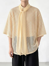Men's Romantic Avant-Garde Hollow Out Mesh Tie Neck Half Sleeve Shirt SKUL70275