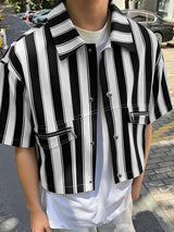 Men's Streetwear Cropped Vertical Stripe Short Sleeve Shirt SKUL58662