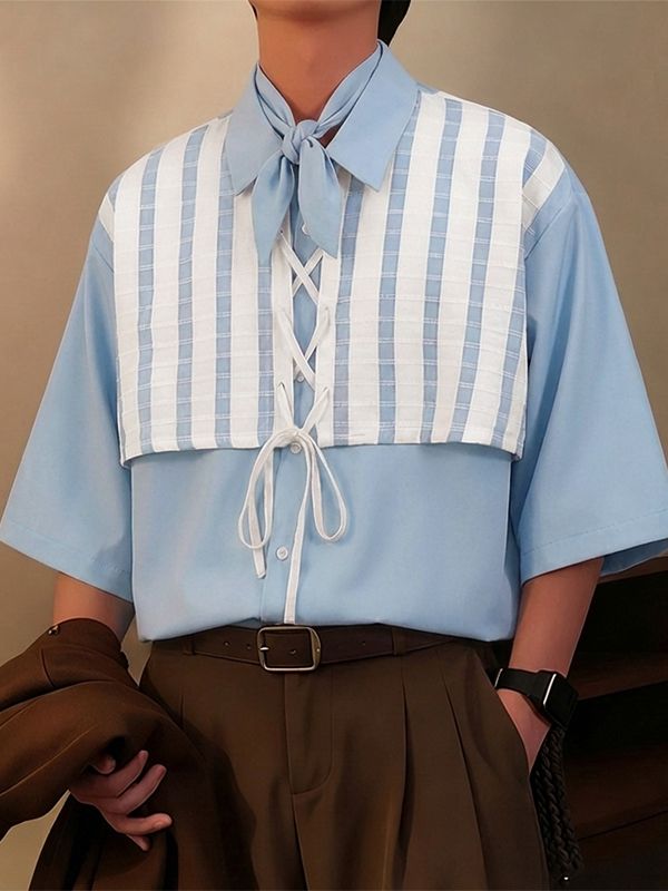 Men's Minimalist Faux Two Piece Patchwork Half Sleeve Shirt SKUL51798