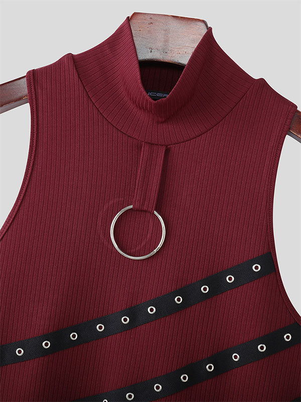 Men's Grommet Lace-Up Patchwork T-Shirt SKUL21165