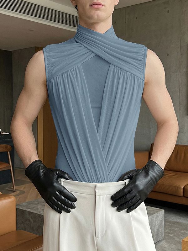 Men's Avant-Garde Cross Neck Crinkled Ruched Sheer Mesh Patchwork Tight Bodysuit SKUL61880
