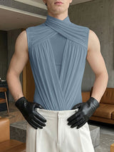 Men's Avant-Garde Cross Neck Crinkled Ruched Sheer Mesh Patchwork Tight Bodysuit SKUL61880