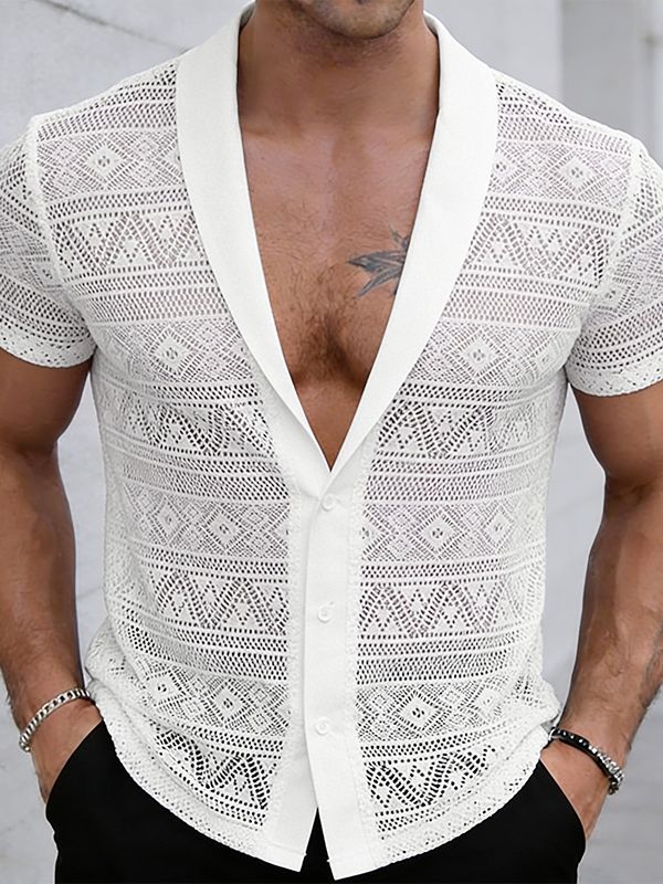 Men's Sheer Lace Mesh Short Sleeve Shirt SKUL57736