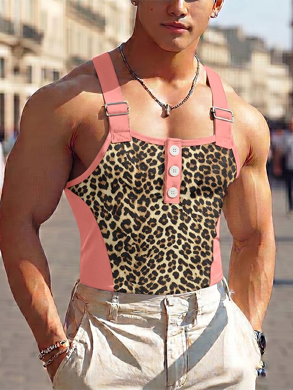 Men's Clubwear Leopard Print Color Block Strap Button Tank SKUL73608