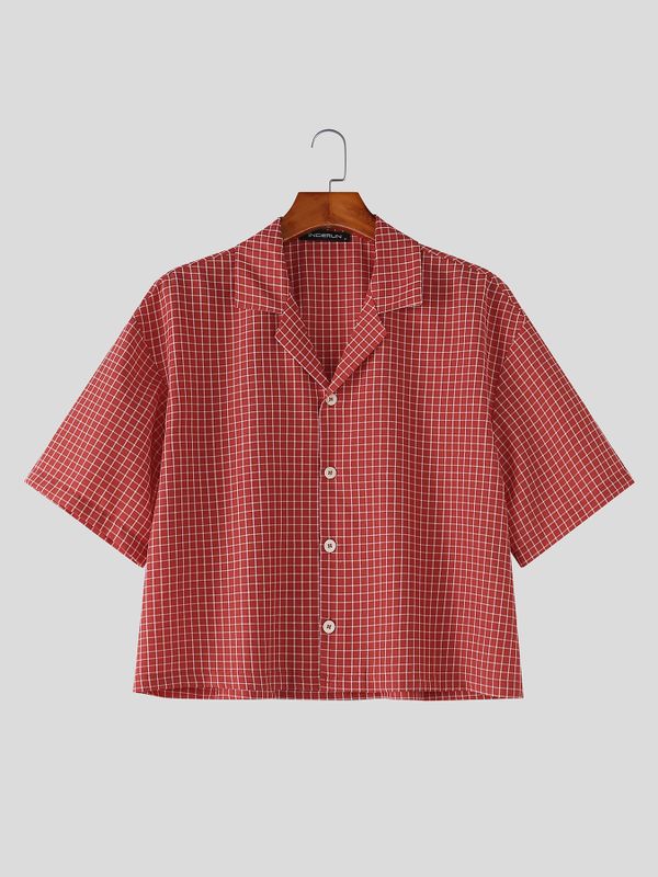 Men's Retro Plaid Boxy Cropped Camp Collar Short Sleeve Shirt SKUL75535