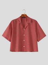 Men's Retro Plaid Boxy Cropped Camp Collar Short Sleeve Shirt SKUL75535