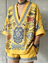 Men's High-Street Avant-Garde Graffiti Print Loose Short Sleeve Shirt SKUL70363