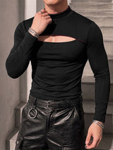 Men's Avant-Garde Darkwear Nightclub Party Chest Cut-Out Contrast Trim Mock Neck T-shirt SKUL86042