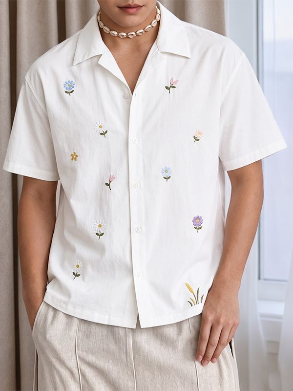 Men's Casual Vintage Delicate Floral Print Cuban Collar Short Sleeve Shirt