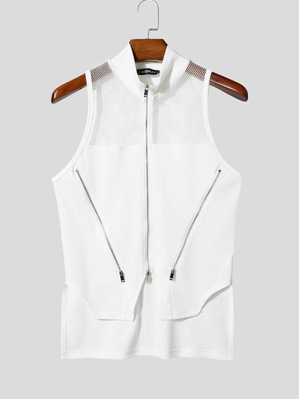 Men's Cyberpunk Streetwear Slim Fit Mesh Patchwork Multi Zipper Halter Mock Neck Tank SKUL63646
