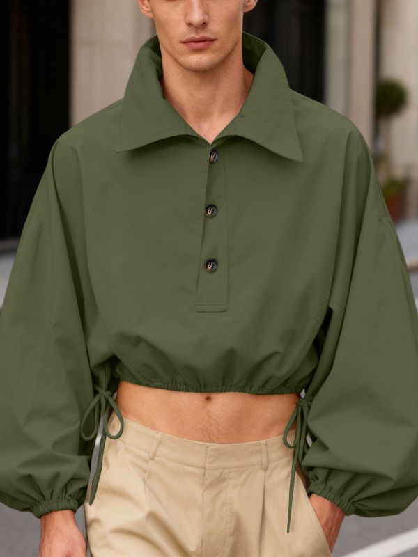 Men's Solid Color Loose Lapel Cropped Long Sleeve Shirt SKUL45225