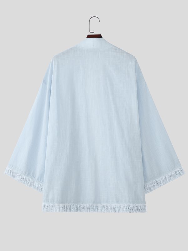 Men's Modern Neo-Chinese Deconstructed Fringe Hem Relaxed Kimono Cardigan SKUL72501