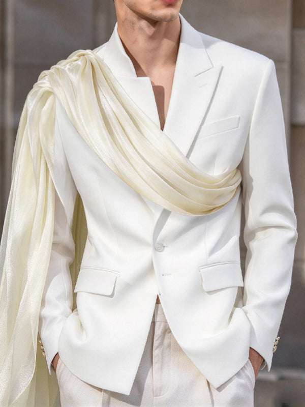 [Pre-order] Men's Avant-Garde Romantic Stage Runway Draped Chiffon Sash Single-Button Blazer SKUL89233