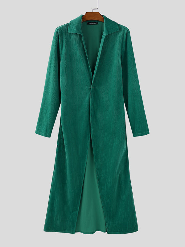 Mens Solid Color Textured Lapel Long Sleeve Cardigan SKUL24861