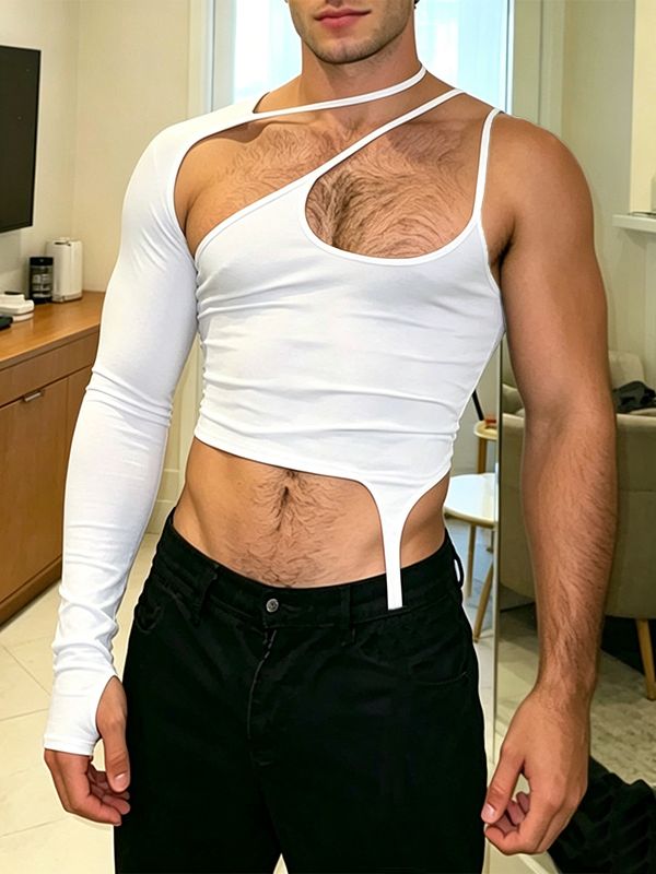 Men's Avant-Garde Asymmetrical Cutout One Sleeve Strappy Cropped Tank SKUL70309
