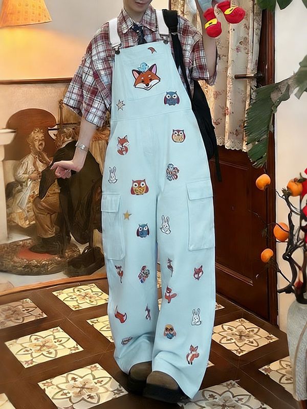 Men's Vintage Japanese Cityboy Cute Cartoon Animal Print Loose Cargo Overall SKUL52906
