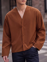 Men's Urban Casual Collarless Deep-V Snap Button Long Sleeve Shirt SKUL79088