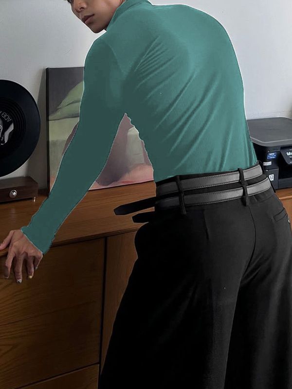 Men's Textured Knit Lapel Long Sleeve T-Shirt SKUL32787