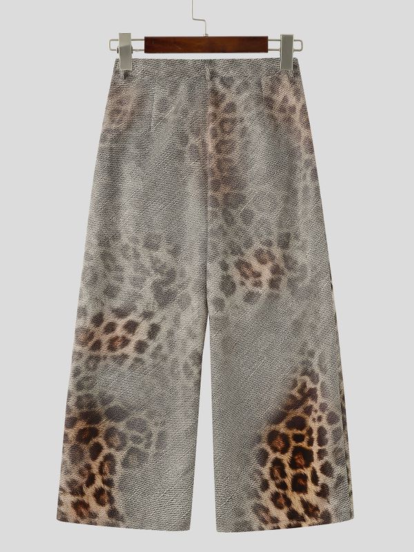 Men's High-Street American Vintage Snow Washed Gradient Leopard Print Wide-Leg Drape Pant SKUL68323