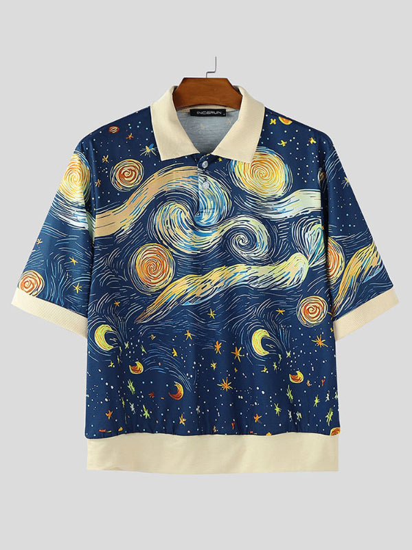 Mens Starry Oil Painting Print Short Sleeve Shirt SKUL16597