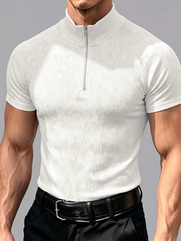 Men's Quiet Luxury Jacquard Floral Metal Quarter Zip Short Sleeve Mock Neck T-shirt SKUL83509