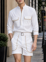 [Pre-order] Men's Smart Luxury Vacation Resort Contrast Piping Flap Pocket Two Pieces Outfit SKUL86968
